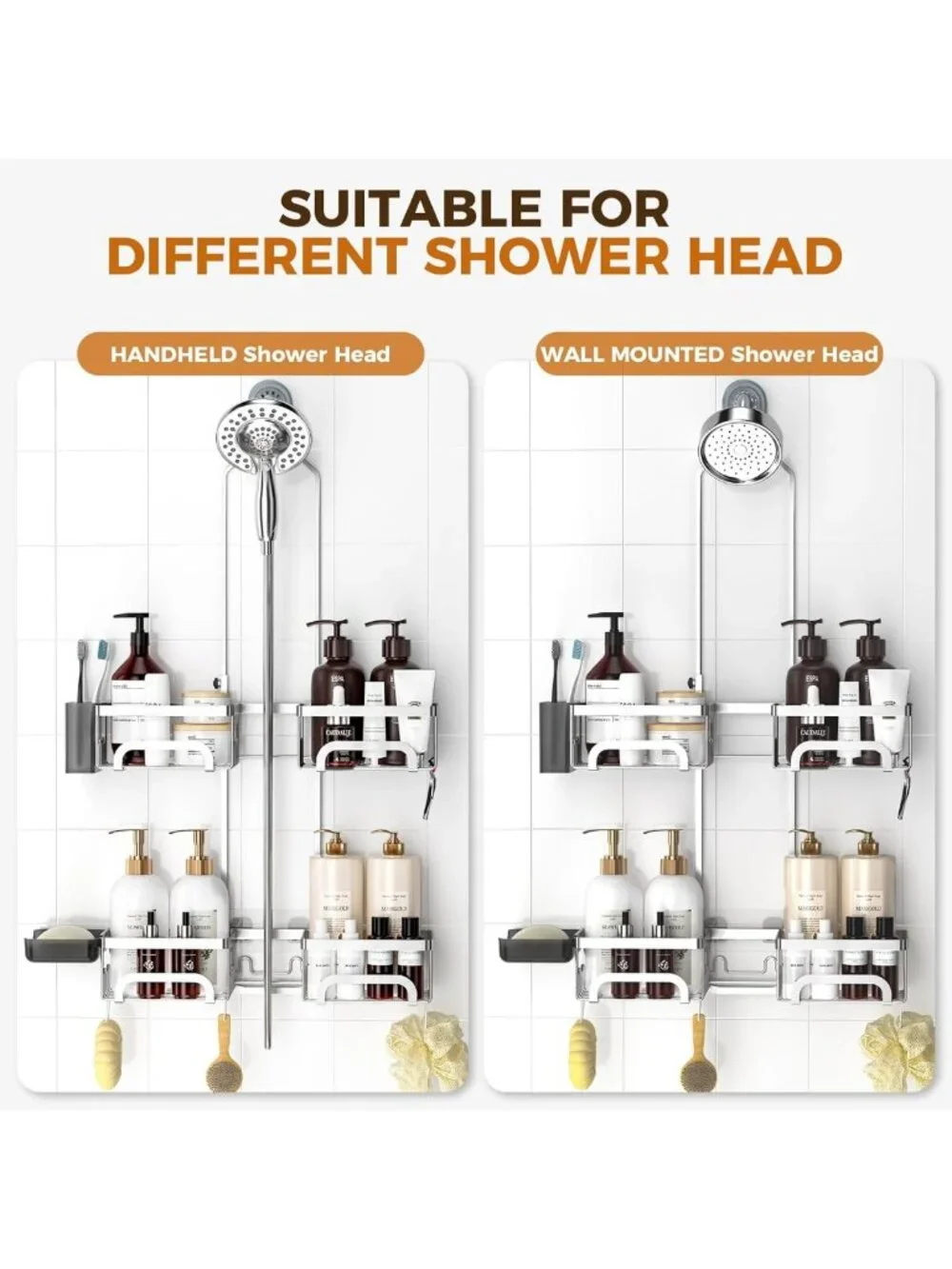Hanging Split Shower Caddy for Handheld Showerheads - Silver Storage Organizer